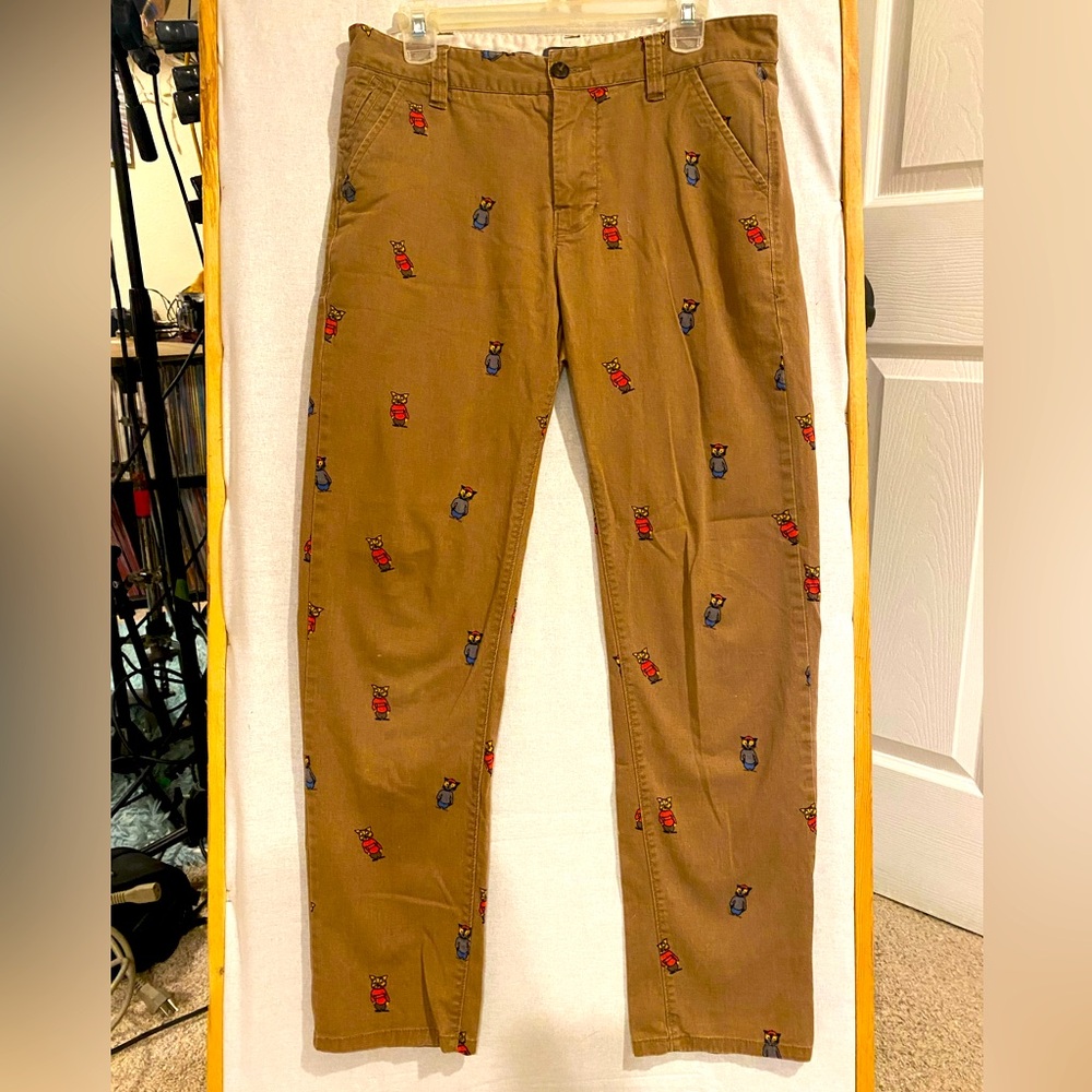 Hawkings McGill Men’s Skinny Chino Pants 32/30 Beige Tan Brown and Owls prints